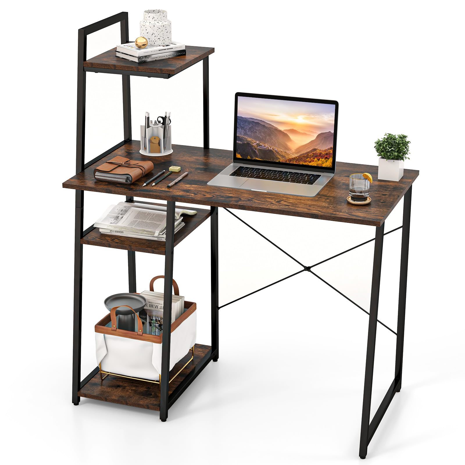 Bureau informatique Tangkula avec étagères, bureau compact pour la maison avec bibliothèque de rangement à 3 niveaux en forme d'échelle